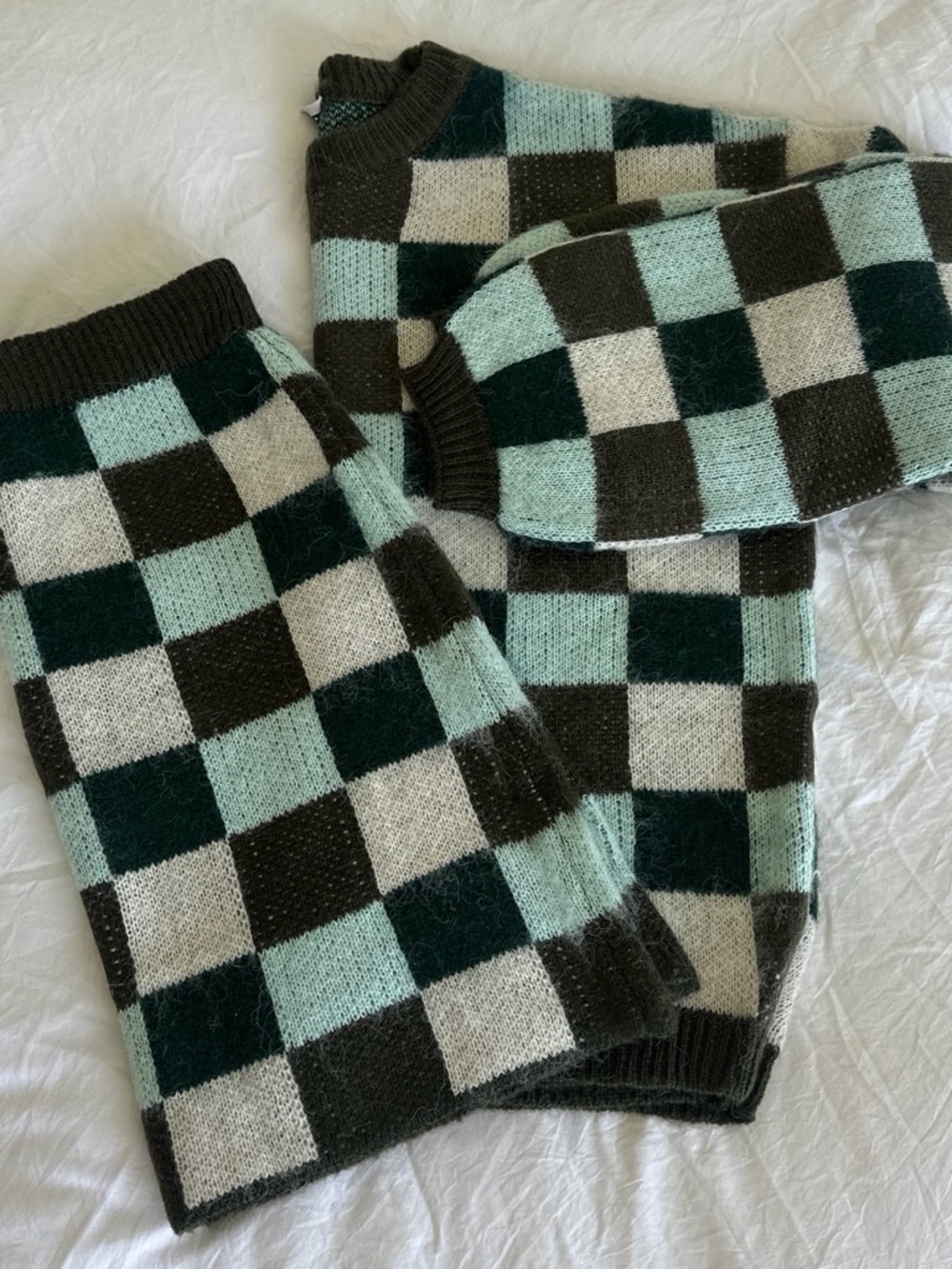 Checkerboard Knit Set - Mint, Dark Green & Cream Sweater & Skirt